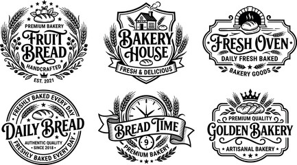 Vintage bakery house logo badge vector set featuring fresh oven bread typography script wheat wreath frame and artisan stamp design elements' © MstAduri