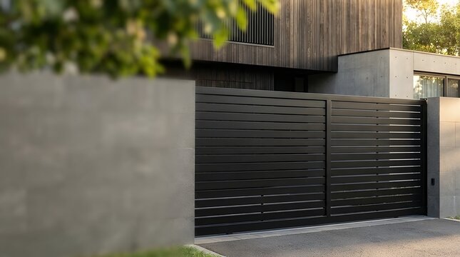 A Sleek and Modern Black Sliding Gate at the Entrance of a Residential Property Representing Security Privacy and Contemporary Architectural Design modern black sliding gate at a residential entrance