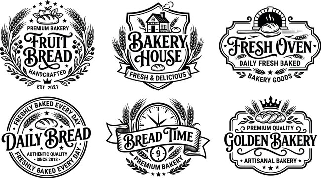 Vintage bakery house logo badge vector set featuring fresh oven bread typography script wheat wreath frame and artisan stamp design elements'