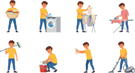 Fototapeta premium Young Man Doing Household Chores Vector Character Set Featuring Laundry, Washing Machine, Ironing, Sweeping, Mopping, Dusting, and Vacuuming Activities Illustrations