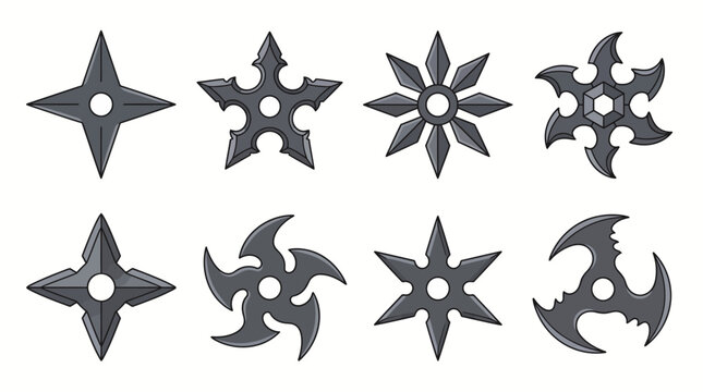 Set of eight cartoon black steel shuriken stars ninja throwing weapons isolated on white background