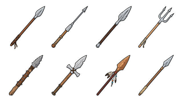 Cartoon spear vector set collection of ancient weapons polearms and tridents