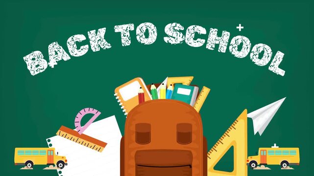 Animated motion graphics of back to school banner with school buses and paper airplane on chalkboard background