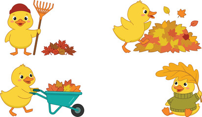 Cute Duckling Character Vector Set with Rake Wheelbarrow and Autumn Leaves for Fall Season Gardening and Children Graphic Designs