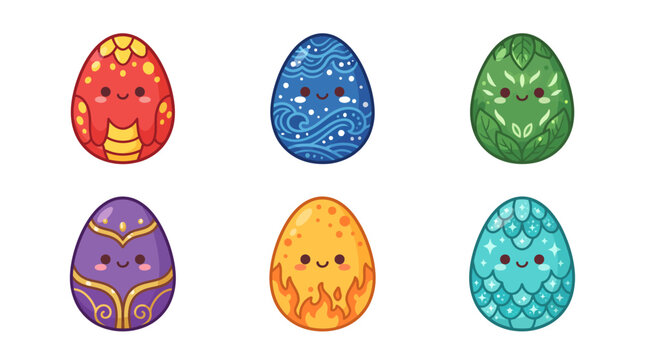 Cute cartoon dragon egg set with elemental designs fire water nature and fantasy eggs isolated on white