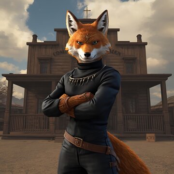 fox character, humanoid fox, fox warrior, cowboy fox, western fox, animal character,