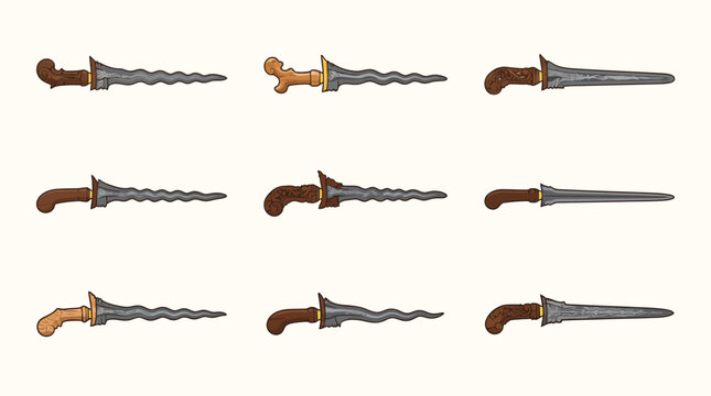 Set of nine traditional Indonesian keris daggers with wavy and straight blades and ornate wooden handles isolated
