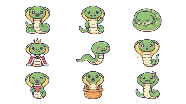 Cute cartoon king cobra snake set collection of smiling green cobras in various poses isolated on white background