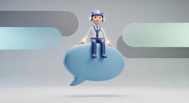 3D doctor character sitting on blue speech bubble.