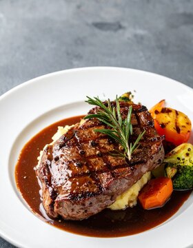 Grilled Beef Steak Served with Creamy Mashed Potatoes Roasted Vegetables and Peppercorn Sauce Garnish with Fresh Rosemary Sprig