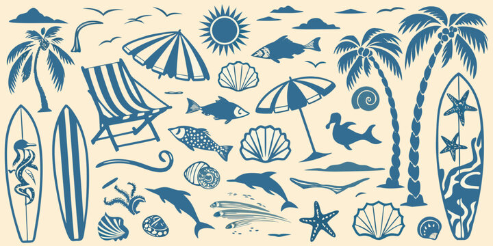 Beach Elements Illustration With Surfboards Seashells And Palm Trees