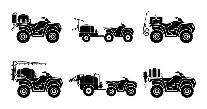 All-Terrain Vehicle Agricultural Sprayer Set, ATV Farm Equipment Icons, Rural Utility Vehicle Illustrations