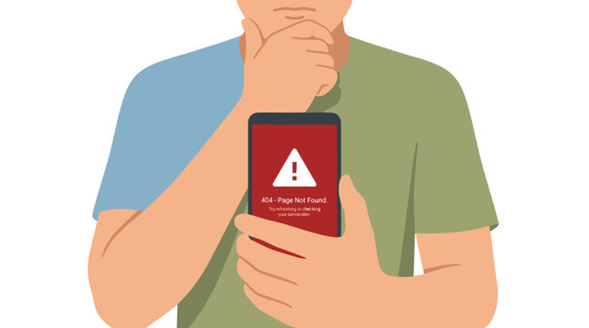 Illustration of man holding smartphone with 404 page not found error