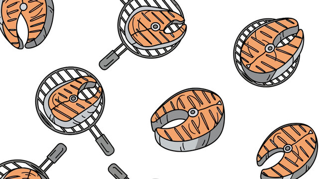 Seamless pattern of grilled salmon steaks on round grill grates