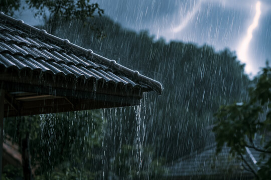Heavy rain falling on a tiled house roof during a powerful thunderstorm with lightning strikes in the background, dramatic weather atmosphere for climate change and home safety concepts.