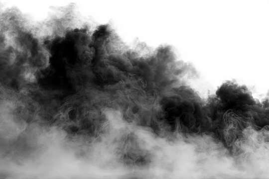 Dense black smoke cloud rising against a white background, high contrast abstract texture, dramatic atmosphere for environmental pollution, fire disaster, or conceptual background design element.