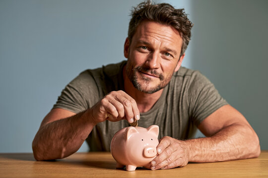 Middle-aged man putting a coin into a pink piggy bank, smiling confidently at the camera, studio lighting, concept of financial planning, savings, investment, wealth management, and future