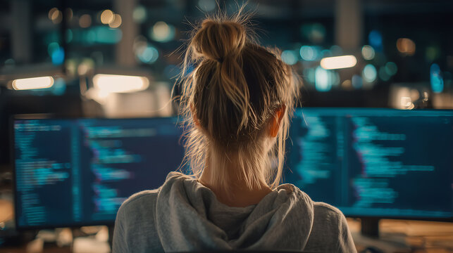 A back-view of a female programmer with a hair bun coding late at night in front of dual monitors displaying code lines