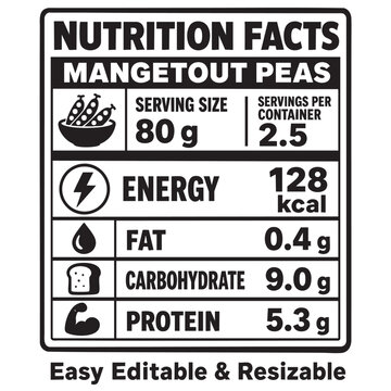 nutrition facts vector label template for mangetout peas showing serving size and calories