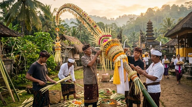 Balinese men crafting traditional bamboo penjor decorations together in a rural village setting