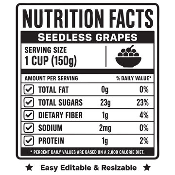 nutrition facts vector label template for seedless grapes serving size