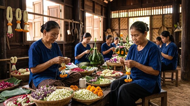 Thai women making traditional floral garlands (Phuang Malai) with jasmine and marigolds in a wooden workshop