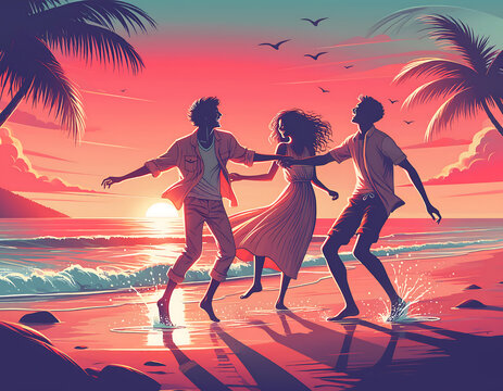carefree dancing, beach sunset, friendship concept, friends dancing, joyful celebration, beach lifestyle, sunset silhouette, togetherness, happiness, freedom, friendship, human connection, summer vaca