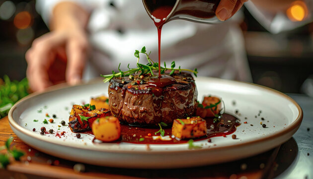 Grilled beef steak served on a white plate with roasted vegetables and rich dark sauce poured by a professional chef