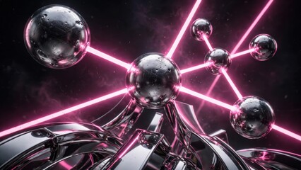 Fototapeta premium Abstract Metallic Spheres Connected by Neon Pink Laser Beams.