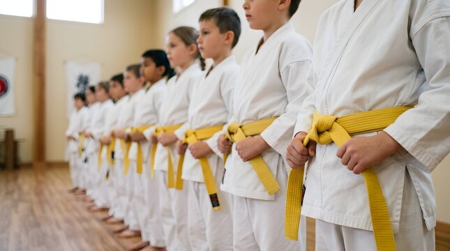Group of Children in Karate Class Wearing White Gi and Yellow Belts