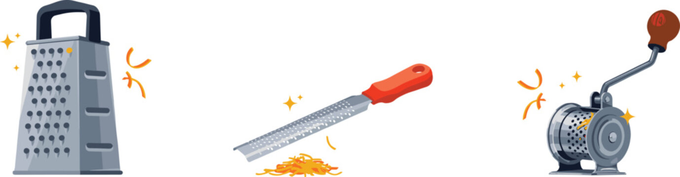 Kitchen Grater and Zester Vector Icon Set with Box Grater Citrus Zester and Rotary Cheese Shredder for Culinary Cooking Graphic Designs