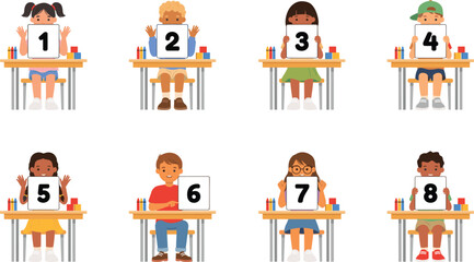 Fototapeta premium Diverse Cartoon Kids Sitting at School Desks Holding Blank Number Signs from One to Eight for Educational Classroom Design Assets