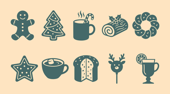 Collection of festive Christmas holiday icons featuring a gingerbread man decorated tree hot beverage with candy cane yule log wreath star cookie hot chocolate with marshmallow panettone reindeer pop 