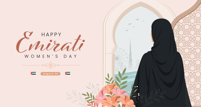 Emirati Women's Day Poster Design with Arabian Girl Wearing Hijab and Abaya from Back Side