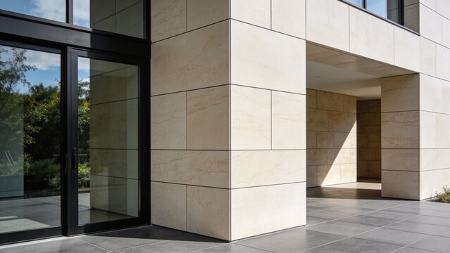 Modern Beige Stone Facade Corner with Large Porcelain Wall Panels on Contemporary Luxury Building Exterior