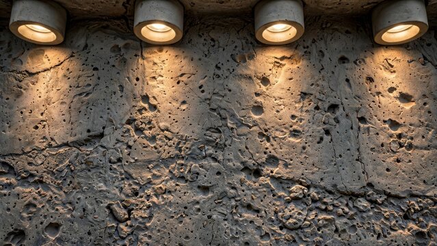 Illuminated Textured Stone Wall with Spotlights.