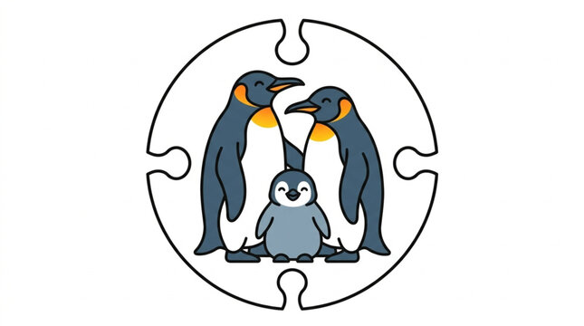 Family of penguins in a circular puzzle design.