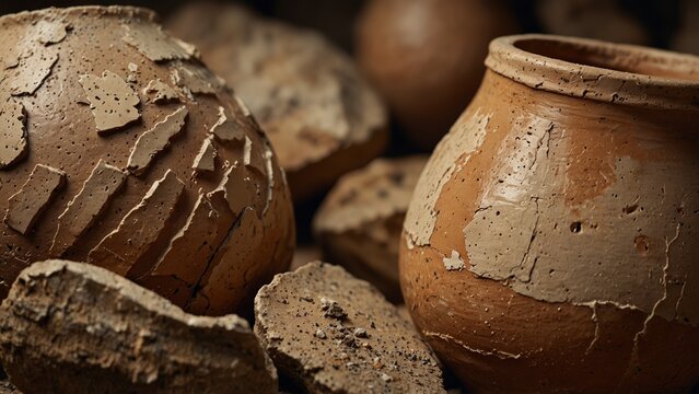 Generative AI illustration: group of clay pots sitting on top of each other clay pots with detailed texture
