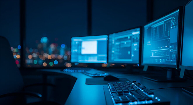 Blue Hue Computer Lab with Multiple Monitors.