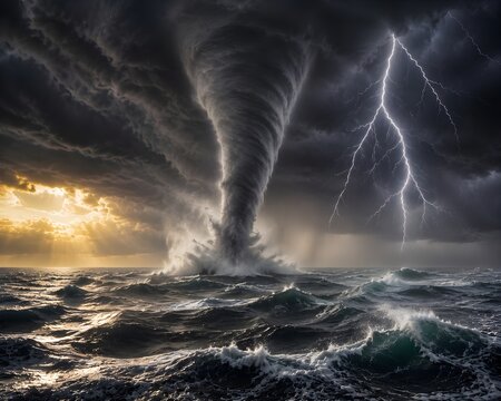 Dramatic waterspout tornado touching down on rough ocean waves with a striking lightning bolt and dark storm clouds during a fierce sunset.