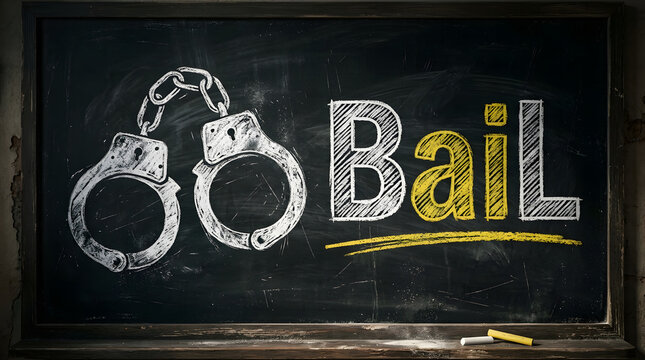 Chalkboard graphic showing bail concept with handcuffs with bold chalkboard illustration combining stylized handcuffs word Bail legal themed composition vintage chalk effect