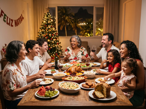 Happy family enjoying a tropical Christmas feast