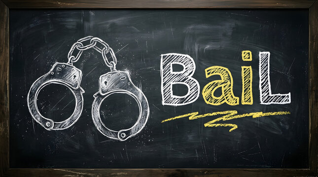 Chalkboard illustration showing bail concept with handcuffs with chalkboard hand drawn pair connected handcuffs word bail written bold chalk letters