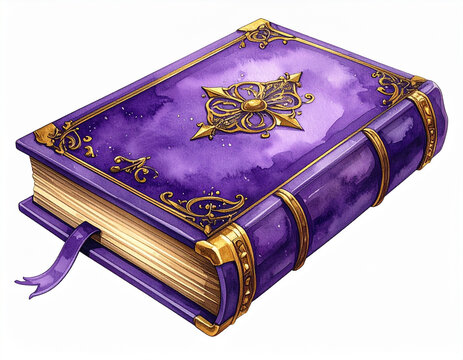 紫色の魔法の本の水彩画風イラスト/Watercolor illustration of a purple magic spell book