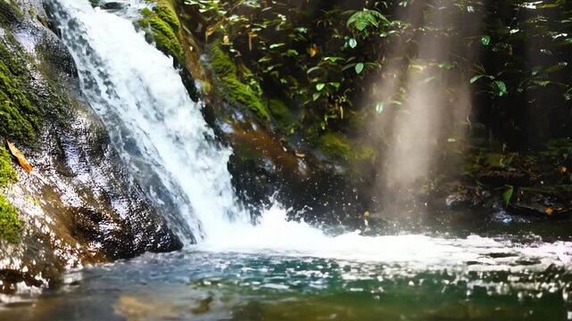 Small waterfall cascading over mossy rocks in a lush forest