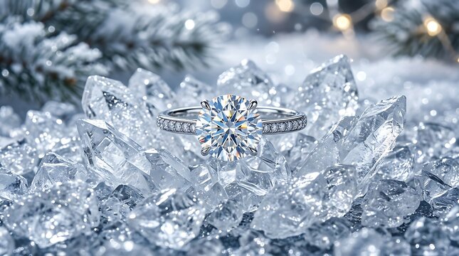 Platinum diamond ring resting on jagged ice shards with pine branches