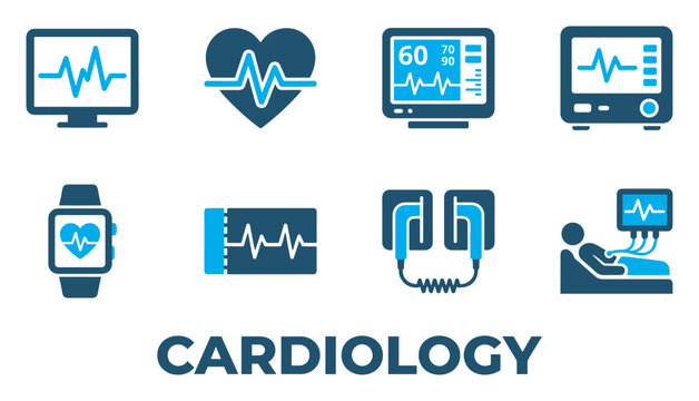 Cardiology icons set vector hospital heart monitor electrocardiogram symbols.