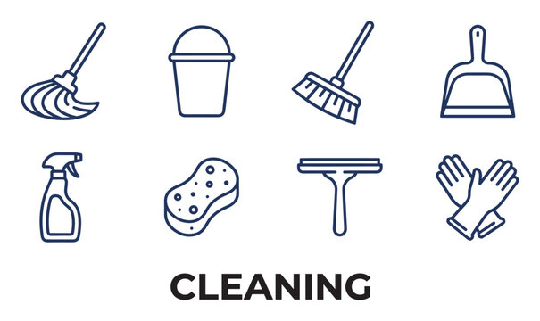 Cleaning line icons with mop bucket broom dustpan spray bottle sponge squeegee.