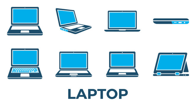 Collection of eight modern laptop icons with various screen displays and side view.