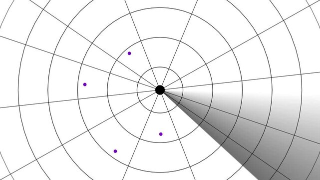 A radar or sonar screen concentric circles and radial lines, with a shaded sector indicating a detected area and several purple dots representing targets or points of interest
